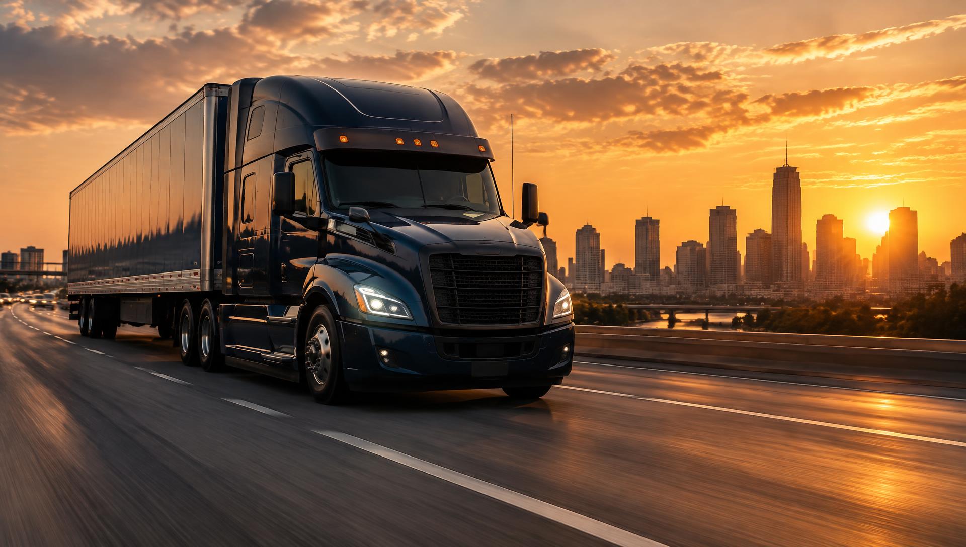 Navy delivery truck on a highway with a city skyline at sunset