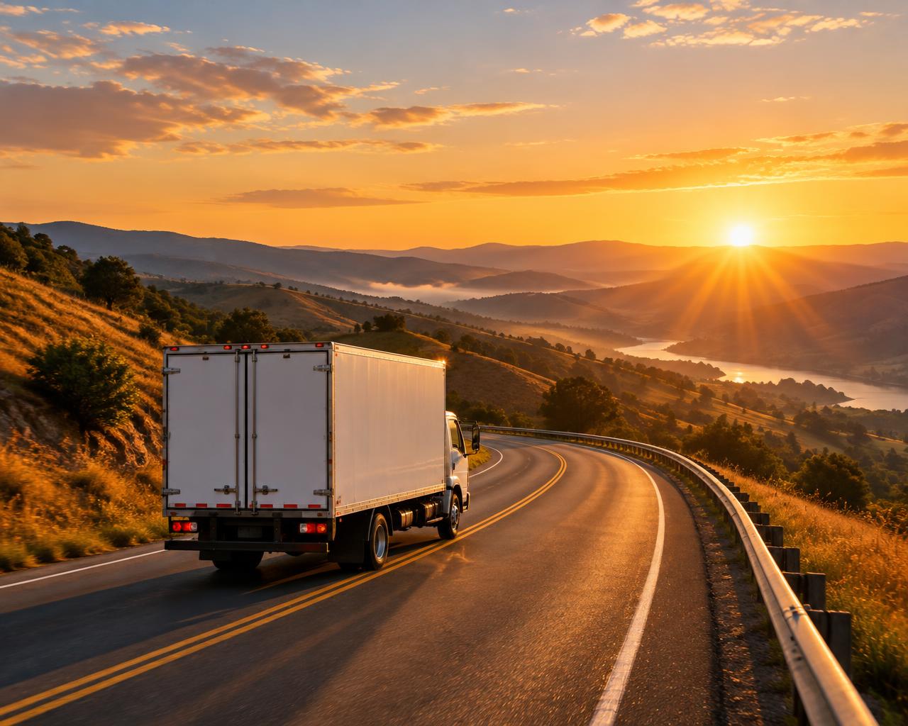 Delivery truck on a winding highway at sunrise